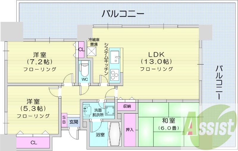 3LDK、都市ガス、エアコン、システムキッチン