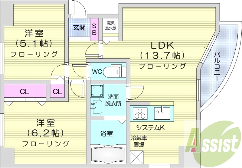 2LDK、オール電化、トランクルーム、光ファイバー