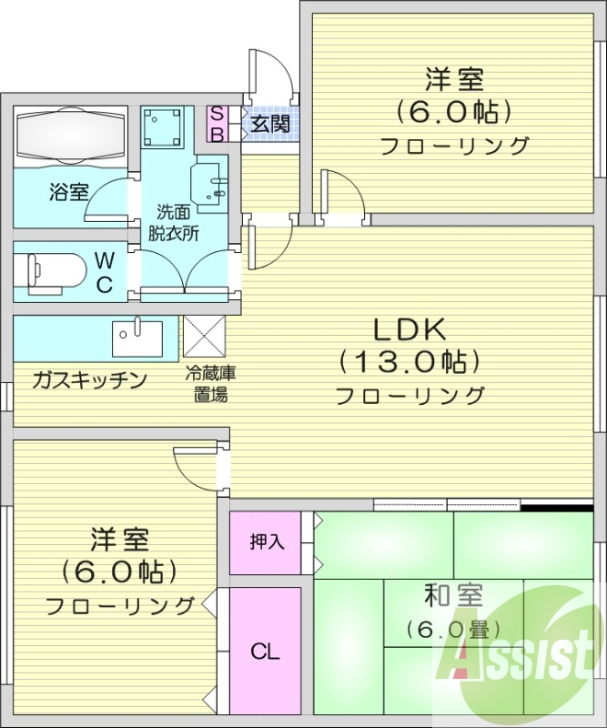 3LDK、エアコン、灯油暖房、洗髪洗面化粧台