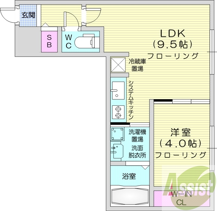 1LDK、都市ガス、エアコン、システムキッチン