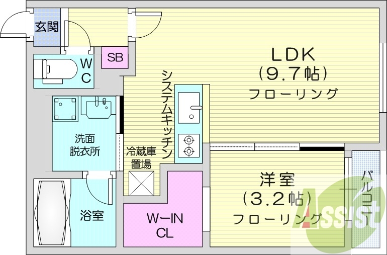 1LDK、エアコン、システムキッチン、オートロック