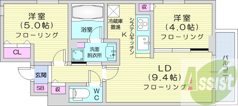 2LDK、エアコン、食器洗浄乾燥機、システムキッチン