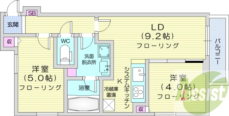2LDK、エアコン、食器洗浄乾燥機、システムキッチン