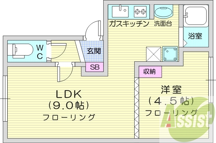 1LDK、ガスキッチン、室内洗濯機置場、インターネット無料
