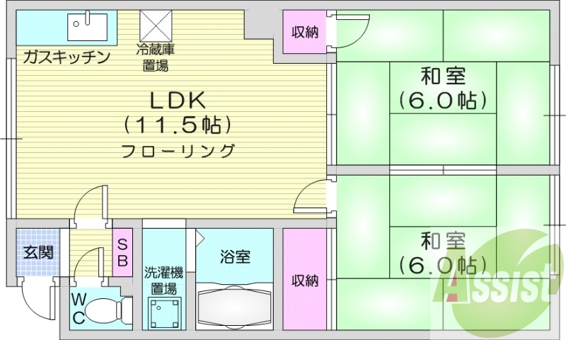 2LDK、トランクルーム、バストイレ別、