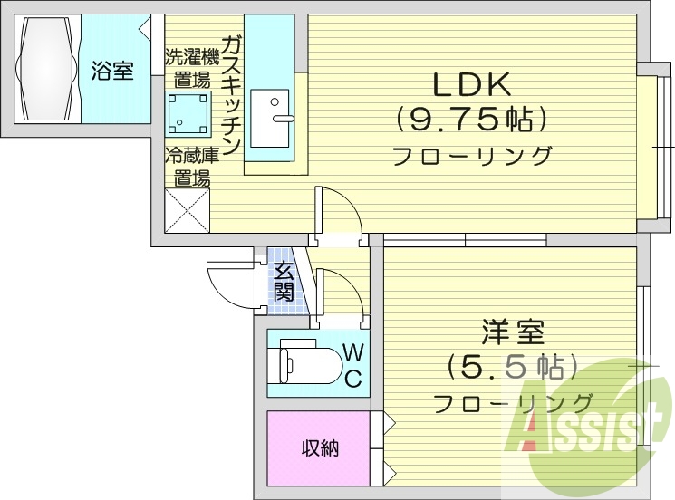 1LDK、エアコン、灯油暖房、光回線、バストイレ別