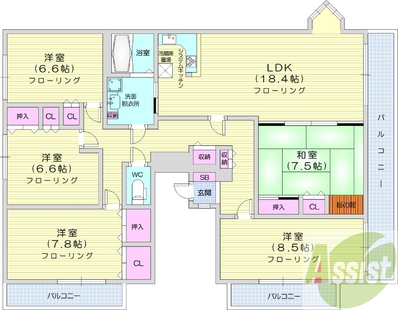 5LDK、エアコン、バストイレ別、システムキッチン
