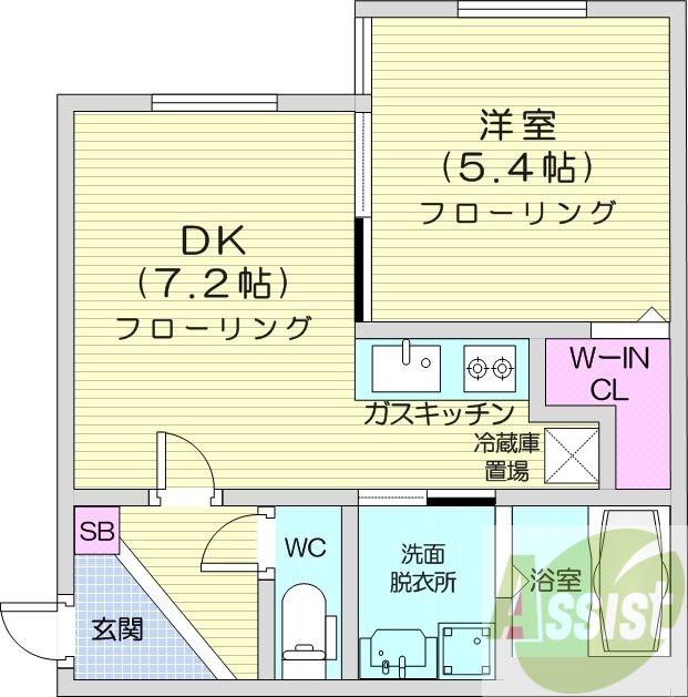 1DK、エアコン、ガス暖房、ネット無料、浴室乾燥機