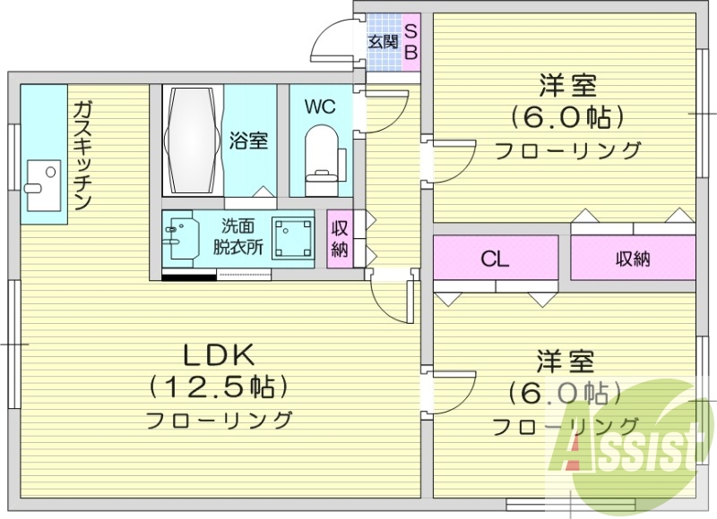 2LDK、ウォシュレット、独立洗面台、シューズボックス