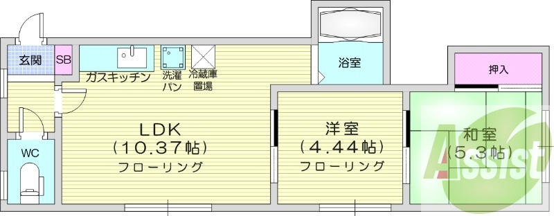 2LDK、灯油暖房、最上階、バストイレ別