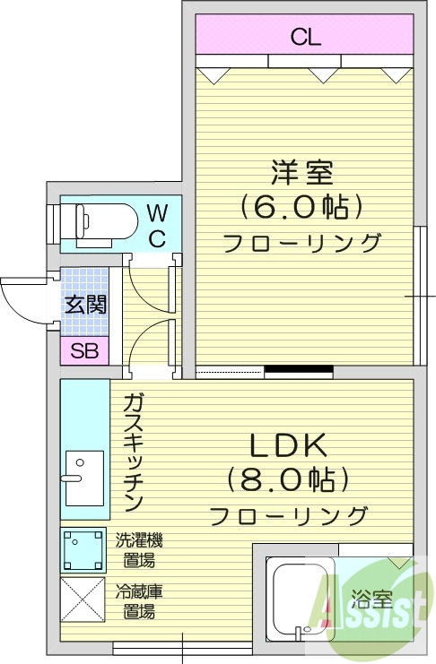 1LDK、都市ガス、バストイレ別、室内洗濯機置場