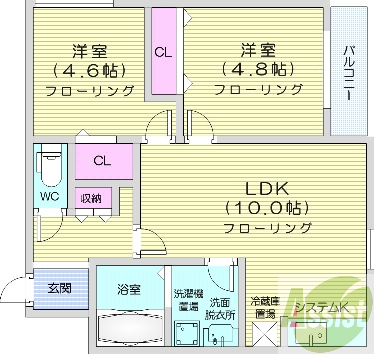 2LDK、ネット無料、浴室乾燥機、オートロック