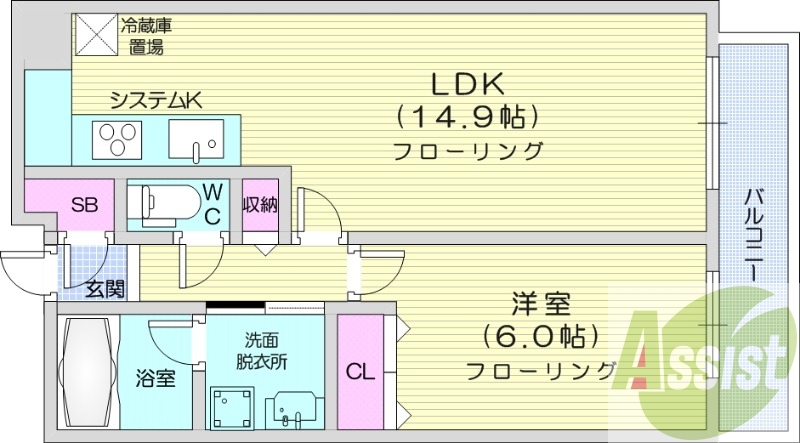 1LDK、システムキッチン、浴室乾燥機、バルコニー