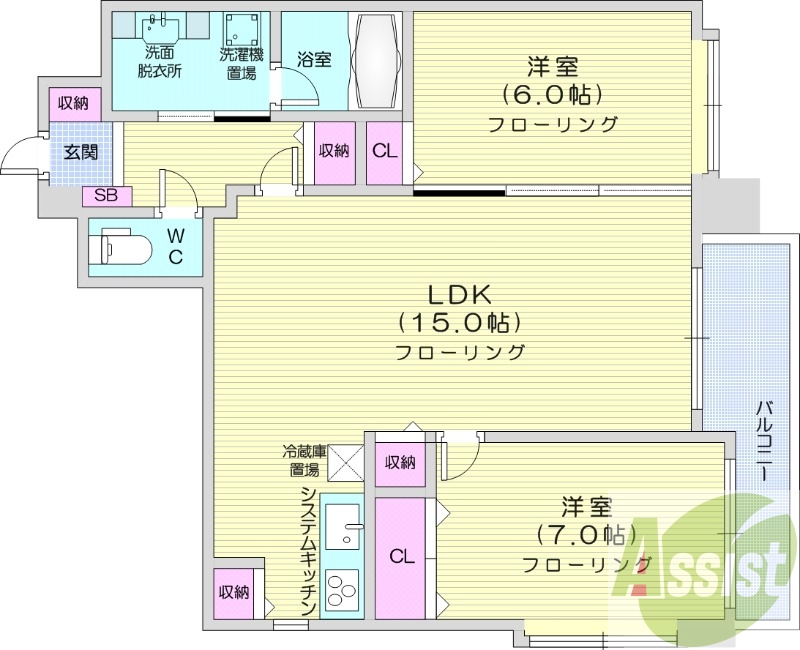 2LDK、収納、洗濯機置場、エアコン、バストイレ別