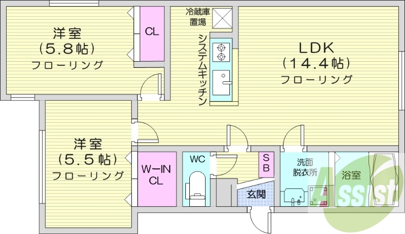 2LDK、エアコン、追い焚き、システムキッチン