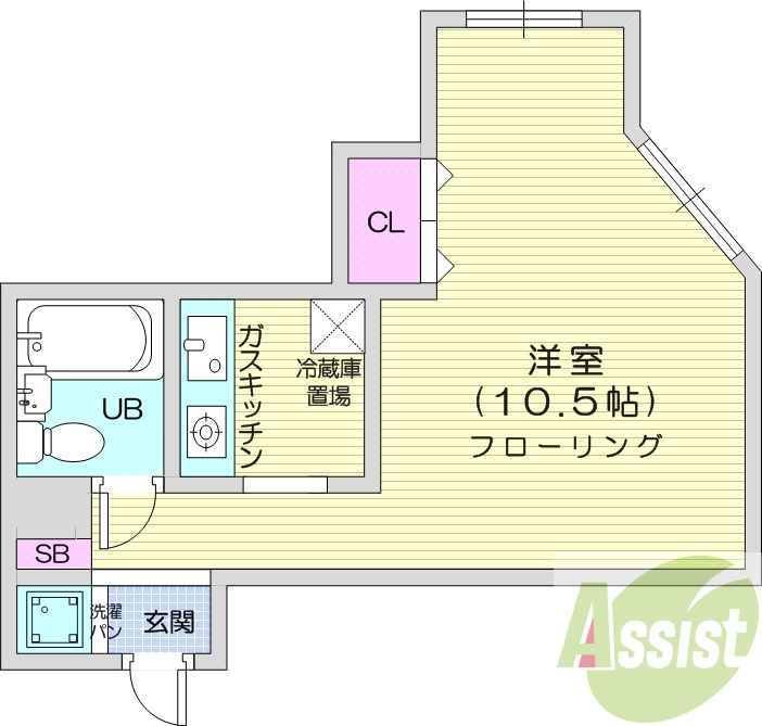 1K、バストイレ別、室内洗濯置場、ガスFF暖房