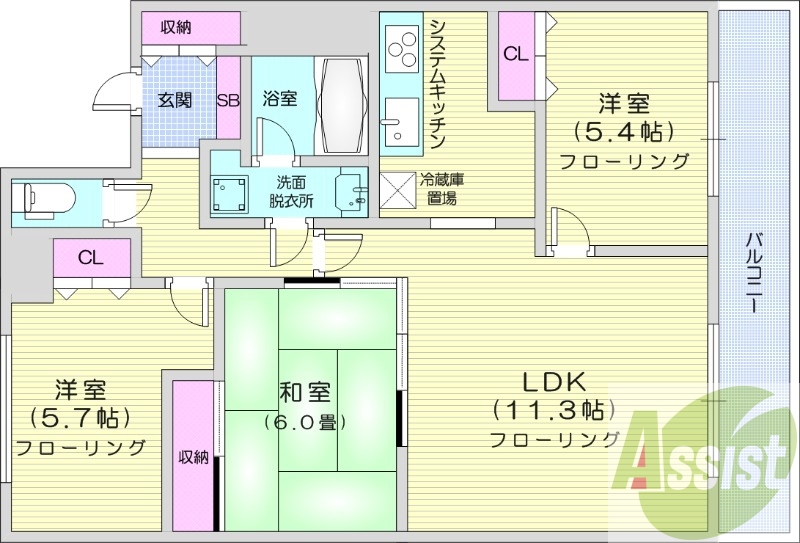 3LDK、都市ガス、システムキッチン、エアコン
