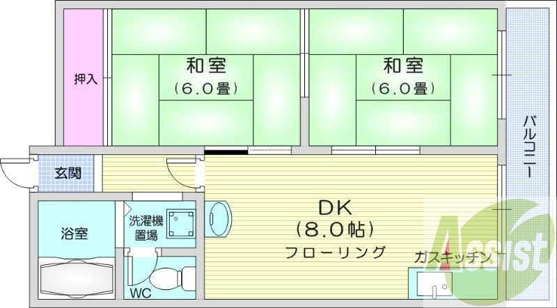 2DK、バス・トイレ別、ガス給湯、灯油暖房、洗濯機室内