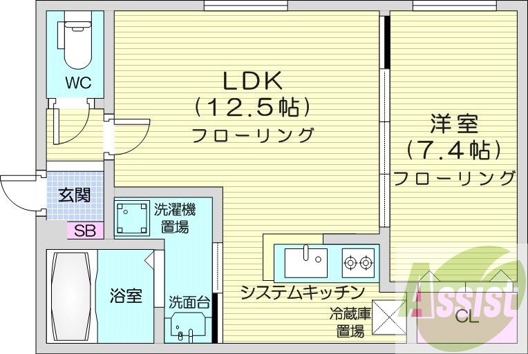 1LDK、都市ガス、エアコン、システムキッチン、独立洗面台