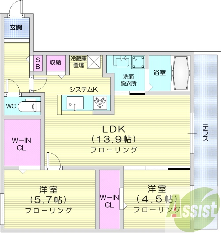 2LDK、都市ガス、エアコン、システムキッチン