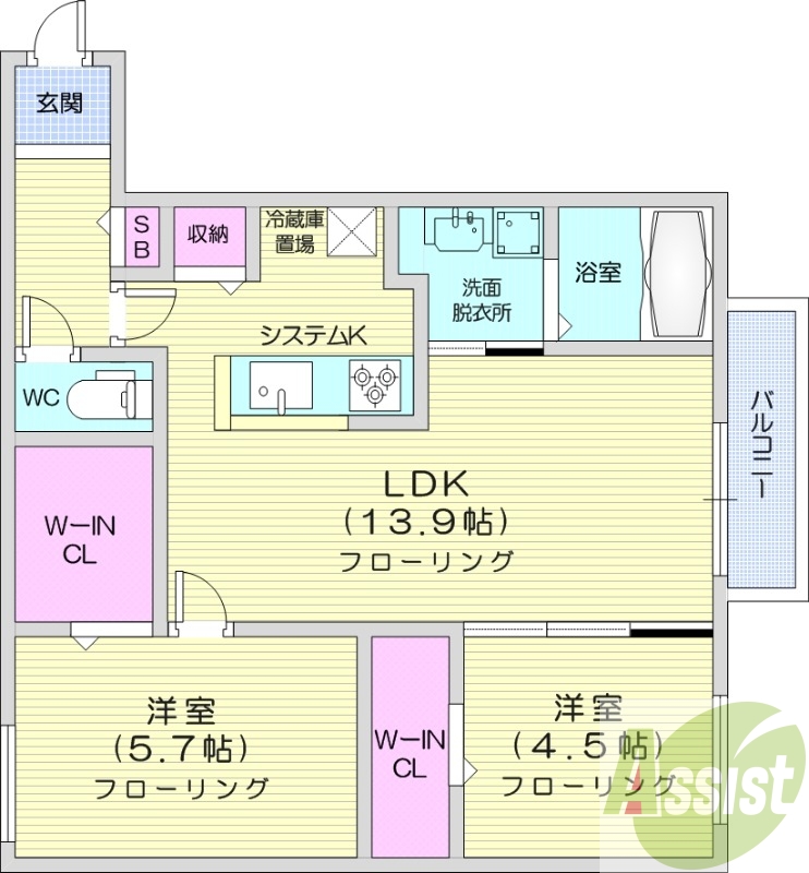 2LDK、都市ガス、エアコン、システムキッチン