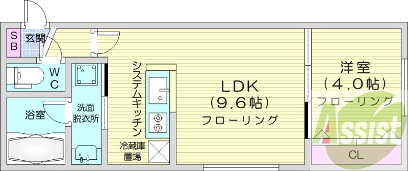 1LDK、エアコン、システムキッチン、ネット無料