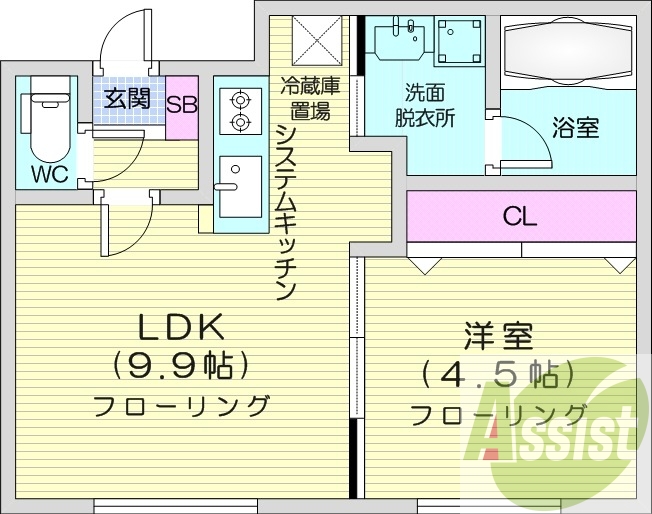 1LDK、都市ガス、エアコン、システムキッチン
