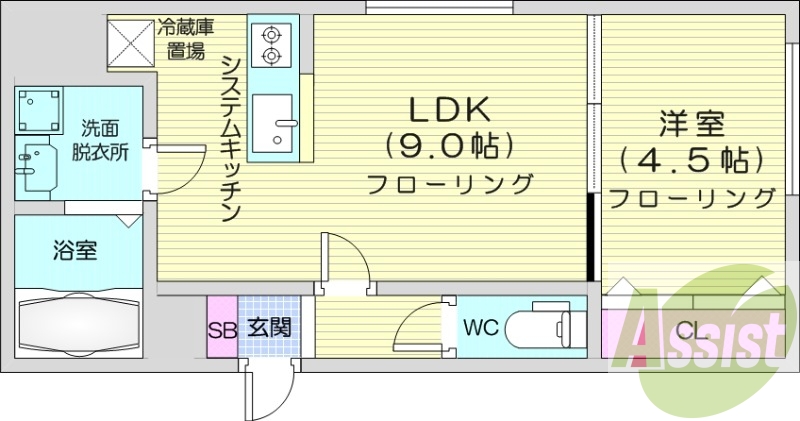 1LDK、エアコン、システムキッチン、浴室乾燥機