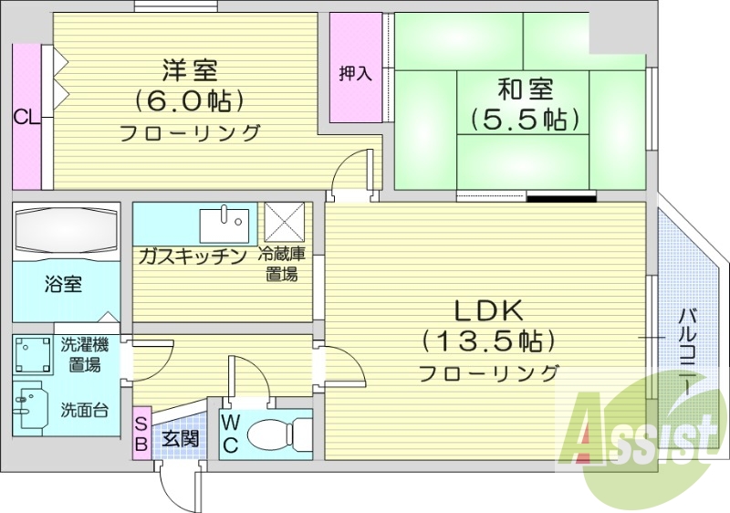 2LDK、押入、クローゼット、南向きバルコニー、灯油暖房
