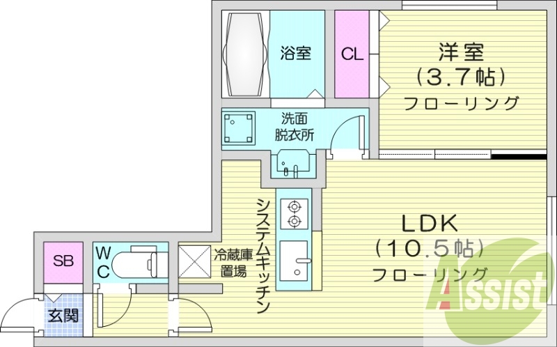 1LDK、都市ガス、エアコン、浴室乾燥機、ネット無料