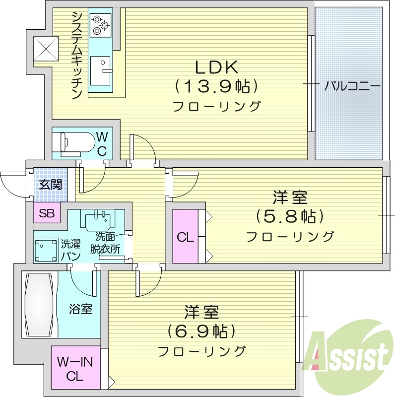 2LDK、クローゼット、システムキッチン、ウォシュレット