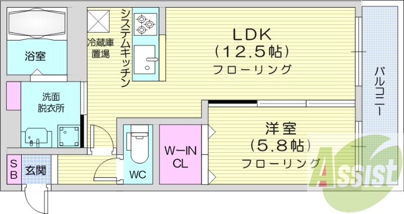 1LDK、都市ガス、システムキッチン、エアコン、浴室乾燥機