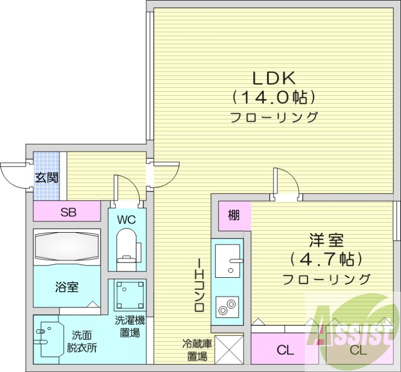 1LDK、システムキッチン、灯油暖房、シャンプードレッサー