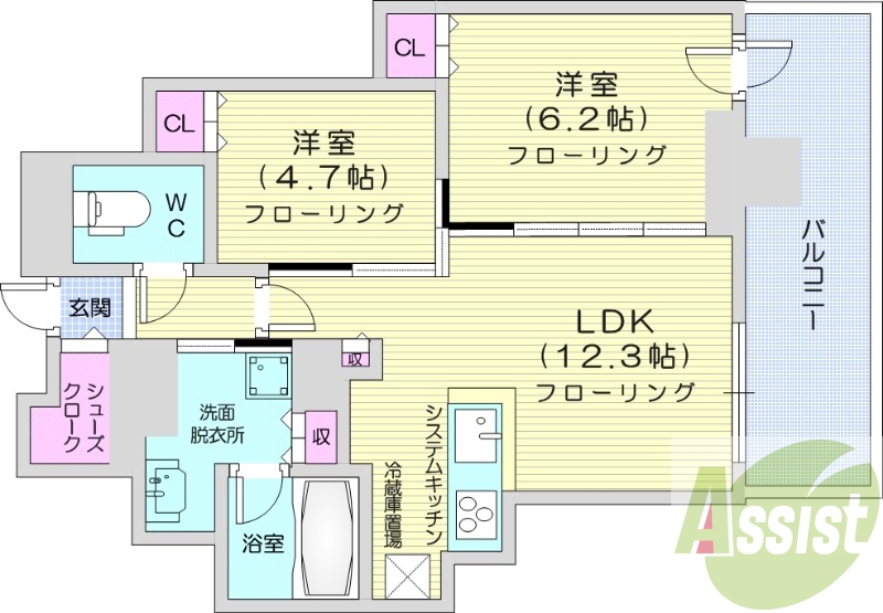 2LDK、都市ガス、追い焚き、浴室乾燥、システムキッチン