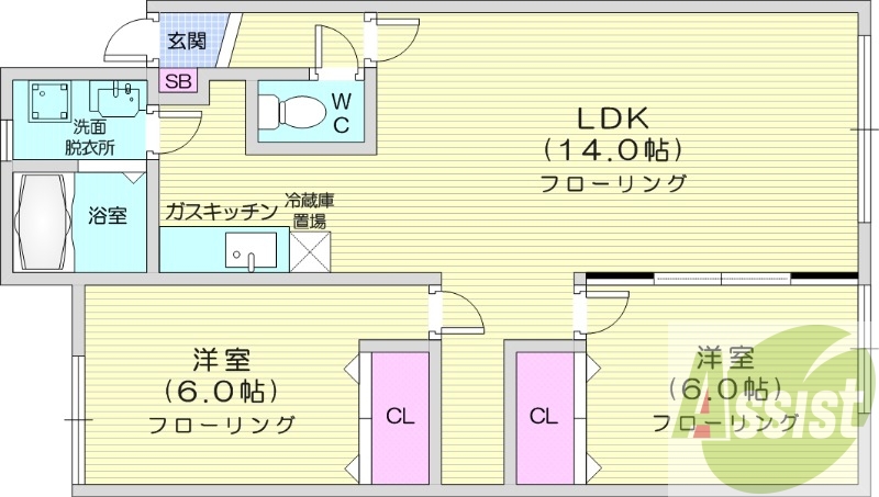 2LDK、灯油暖房、シャンプードレッサー、トイレ風呂別