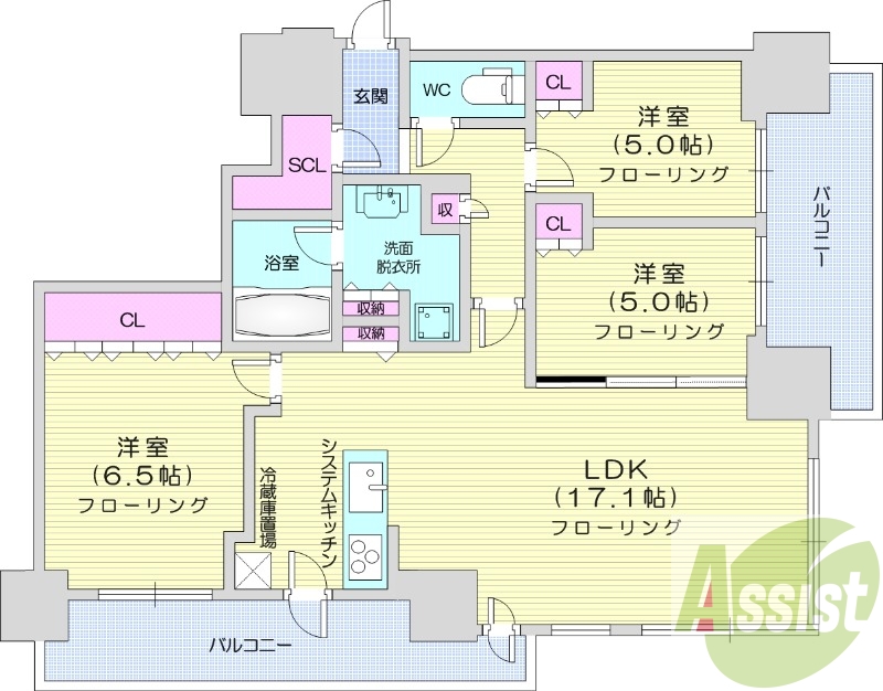 3LDK、都市ガス、追い焚き、浴室乾燥、システムキッチン