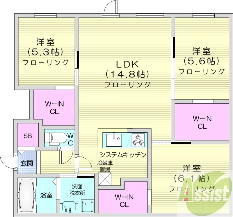 3LDK、都市ガス、エアコン、システムキッチン、独立洗面台