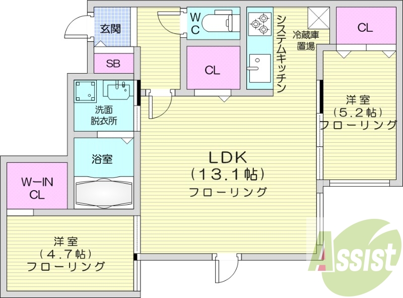 2LDK、都市ガス、エアコン、浴室乾燥機、システムキッチン