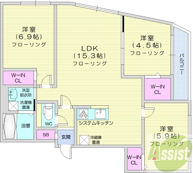 3LDK、システムキッチン、灯油給湯、オートロック