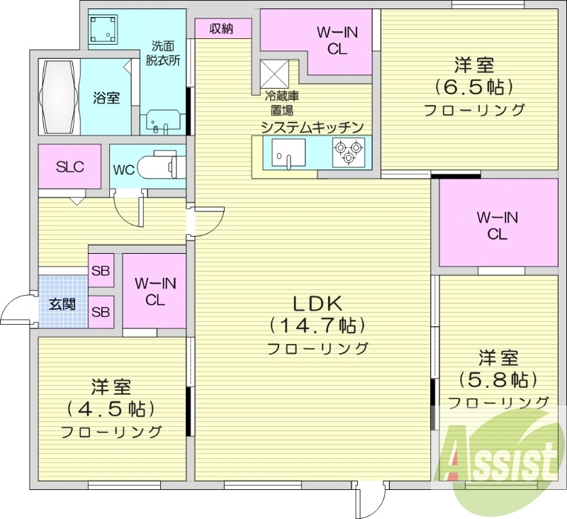 3LDK、都市ガス、エアコン、システムキッチン、独立洗面台