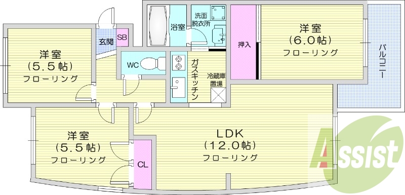 3LDK、独立洗面台、灯油暖房、トランクルーム、トイレ風呂別