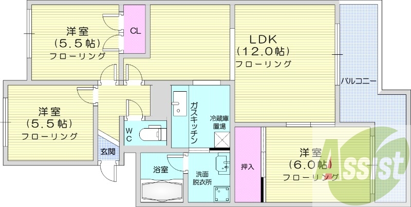 3LDK、独立洗面台、灯油暖房、トランクルーム、トイレ風呂別