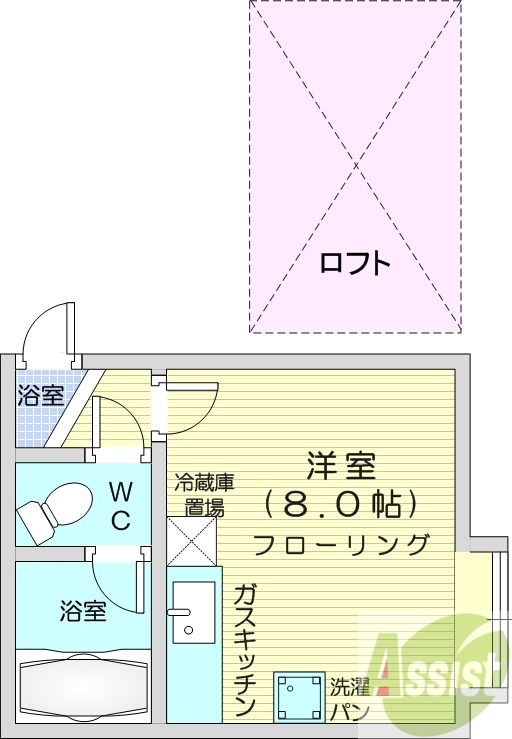 1R、バス・トイレ別、灯油暖房、ロフト、室内洗濯機置場