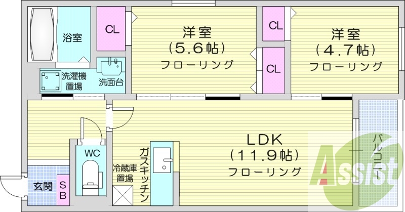 2LDK、エアコン、ガスリミット、浴室乾燥機