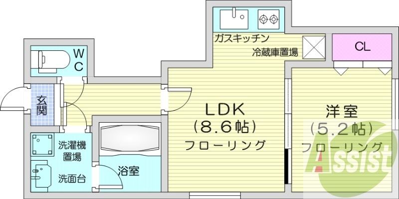 1LDK、シャワートイレ、独立洗面台、灯油暖房