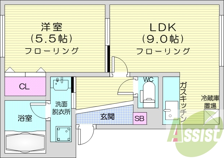 1LDK、灯油暖房、独立洗面台、バストイレ別