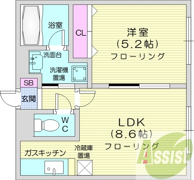 1LDK、灯油暖房、オートロック、独立洗面台