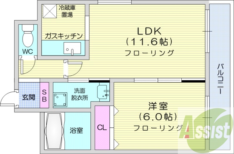 1LDK、洗面脱衣所、バストイレ別、オートロック