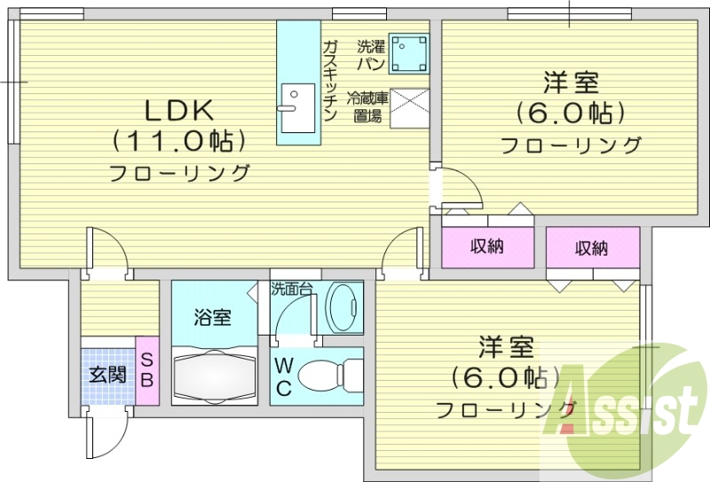2LDK、角部屋、トイレ風呂別、灯油暖房、独立洗面台