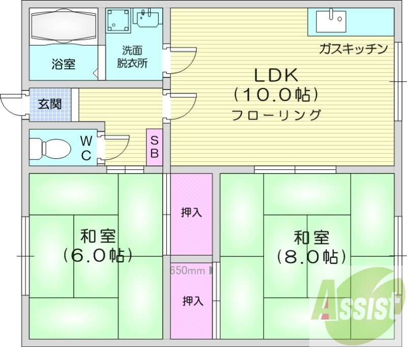 2LDK、バストイレ別、独立洗面台、ガス給湯